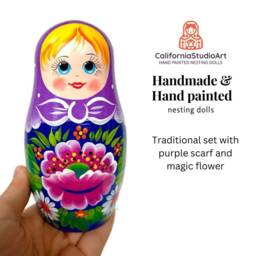Purple Headscarf Matryoshka Dolls Handmade Wooden Nesting Toy - thumbnail 2
