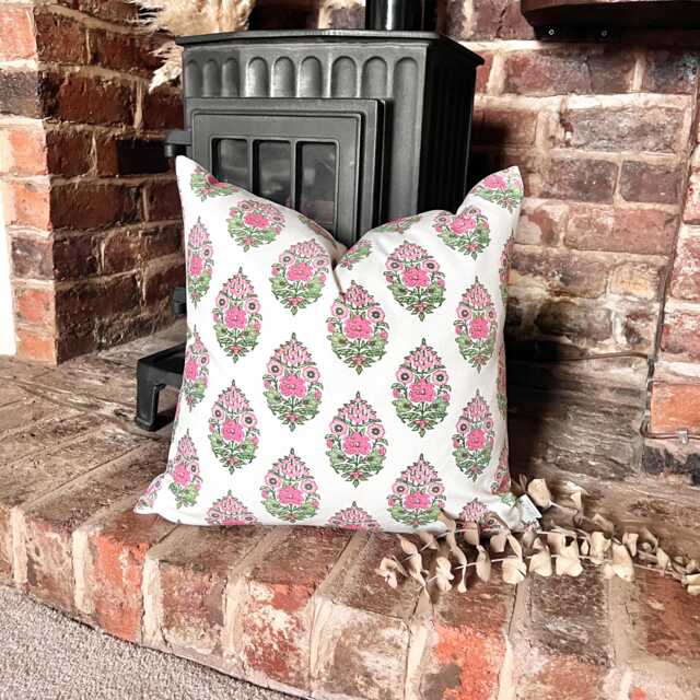 1605. Rina Pink/Green Block Print - 100% Organic Cotton Cushion Cover - image 1