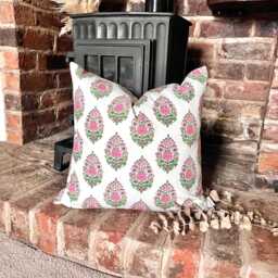 1605. Rina Pink/Green Block Print - 100% Organic Cotton Cushion Cover - thumbnail 1