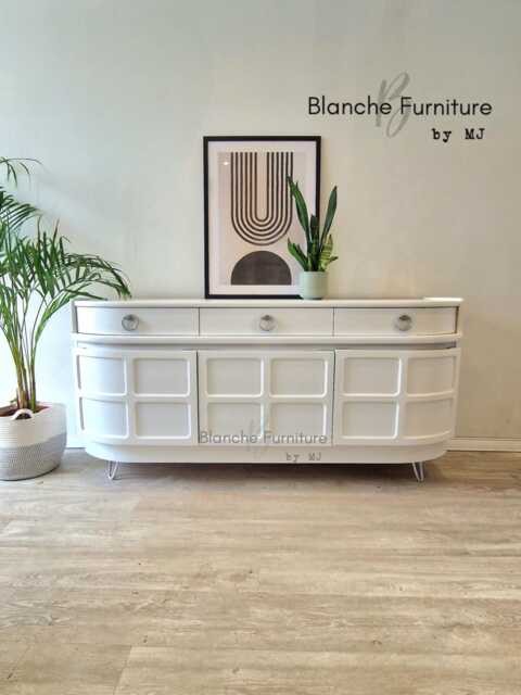 Mid Century Luxury Sideboard Nathan - Curved Teak White Steel Hairpin Legs - image 1