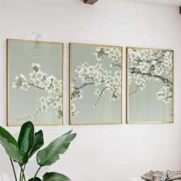 Japanese Cherry Blossom Wall Art Set Of 3 - Minimalist Floral Prints White Plum Artwork Elegant Zen Decor - thumbnail 2
