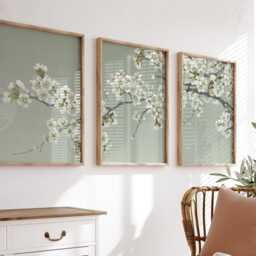 Japanese Cherry Blossom Wall Art Set Of 3 - Minimalist Floral Prints White Plum Artwork Elegant Zen Decor - thumbnail 4