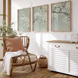 Japanese Cherry Blossom Wall Art Set Of 3 - Minimalist Floral Prints White Plum Artwork Elegant Zen Decor - thumbnail 3