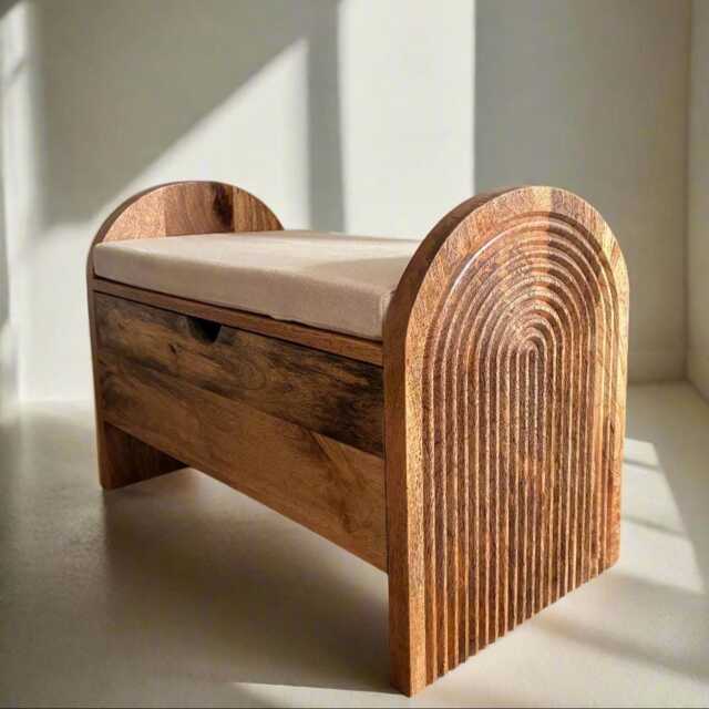 Natural Mango Wood Etched Shoe Storage Bench Cabinet With Cushion - Low Seating - image 1
