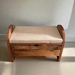 Natural Mango Wood Etched Shoe Storage Bench Cabinet With Cushion - Low Seating - thumbnail 3