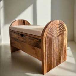 Natural Mango Wood Etched Shoe Storage Bench Cabinet With Cushion - Low Seating - thumbnail 1