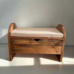 Natural Mango Wood Etched Shoe Storage Bench Cabinet With Cushion - Low Seating - thumbnail 4