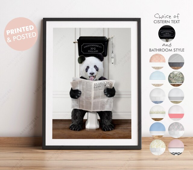 Panda On Toilet With Newspaper, Victorian Toilet, Funny Bathroom Print, Animal Bear Paper, Whimsy - image 1