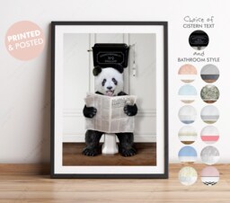 Panda On Toilet With Newspaper, Victorian Toilet, Funny Bathroom Print, Animal Bear Paper, Whimsy - thumbnail 1