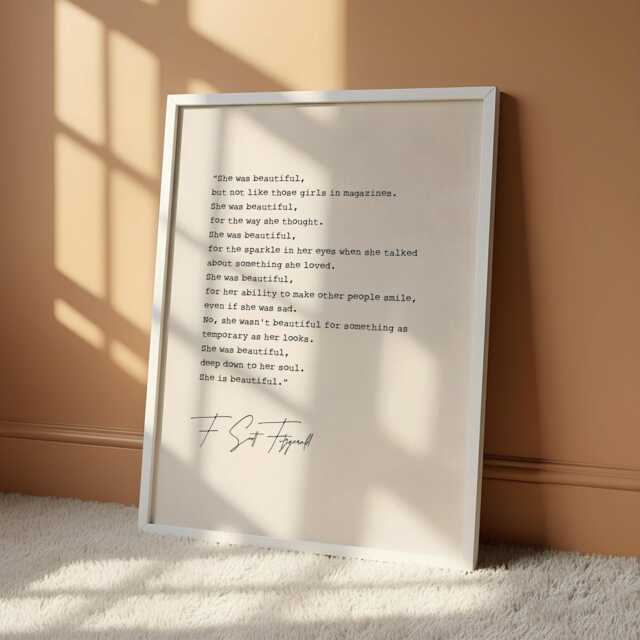 She Was Beautiful Print - F Scott Fitzgerald Quote Inspirational Women Wall Art Fine Typography Gift For Her - image 1