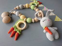 Crochet Bunny Stroller Chain Personalized Baby Toy, Gender Neutral Gift - thumbnail 1