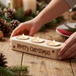Engraved Wood Christmas Candle Holder, Table Centerpiece - thumbnail 1