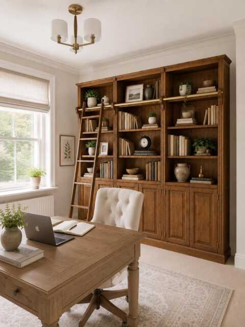 Solid Pine Bookcase With Ladder, Adjustable Library Shelving, Cupboard Doors - image 1