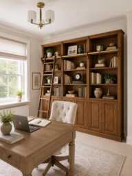 Solid Pine Bookcase With Ladder, Adjustable Library Shelving, Cupboard Doors