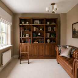 Solid Pine Bookcase With Ladder, Adjustable Library Shelving, Cupboard Doors - thumbnail 2