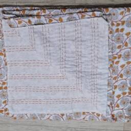 Handmade Floral Kantha Quilt, Orange Indian Bedspread - thumbnail 3