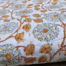 Handmade Floral Kantha Quilt, Orange Indian Bedspread - thumbnail 2