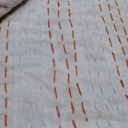 Handmade Floral Kantha Quilt, Orange Indian Bedspread - thumbnail 4