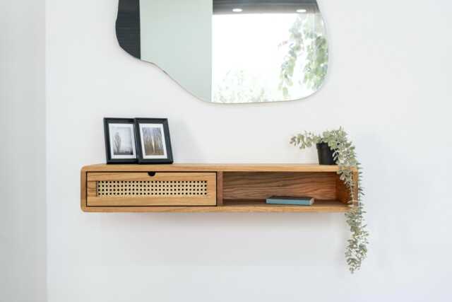 Floating Console Table With One Rattan Drawer & Open Shelf in Solid Oak - Hallway - image 1