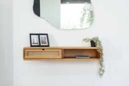 Floating Console Table With One Rattan Drawer & Open Shelf in Solid Oak - Hallway - thumbnail 1