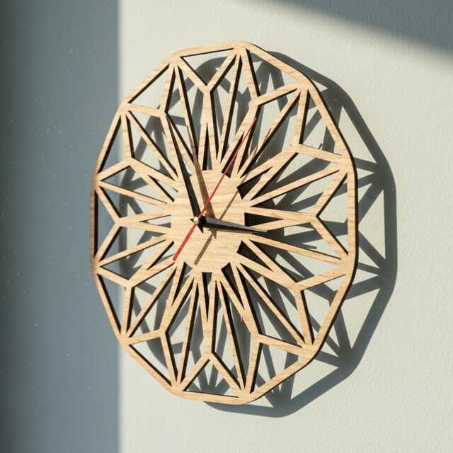 Laser Cut Geometric Flower Wall Clock Rustic Oak/Walnut Art, Retro Home Decor - image 1