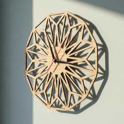 Laser Cut Geometric Flower Wall Clock Rustic Oak/Walnut Art, Retro Home Decor - thumbnail 1