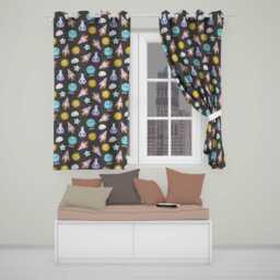 Cute Kawaii Space Rocket Planet Globe Sun Star Dark Seamless Pattern Readymade Eyelet Ring Top Thermal 100% Blackout Curtains - thumbnail 1