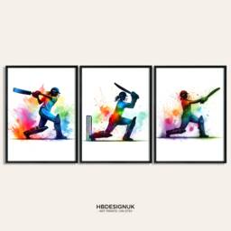 Girls Cricket Wall Art - Set Of 3 Poster Prints - Pink Watercolour Gift For Lover Women Print Artwork - thumbnail 1