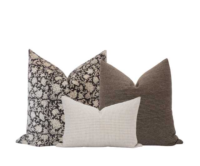 Neutral Pillow Cover Set Black Floral Block Print, Brown Handwoven, Beige Gingham - image 1