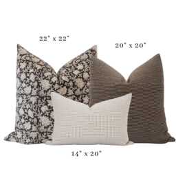 Neutral Pillow Cover Set Black Floral Block Print, Brown Handwoven, Beige Gingham - thumbnail 2