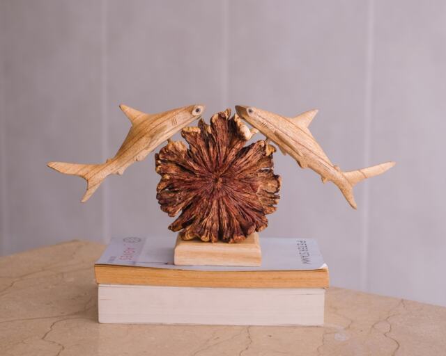 Personalized Statue, Wooden Hammerhead Shark Duo Sculpture, Couple, Coral, Hand Carved Wood Carving, Fish Figurine, Anniversary Gift - image 1