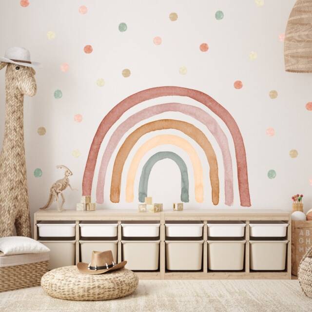 Wall Sticker Rainbow Watercolor Removable & Watercolor Boho Dots, Kids Room Decor, Place, Children Playroom A59 - image 1