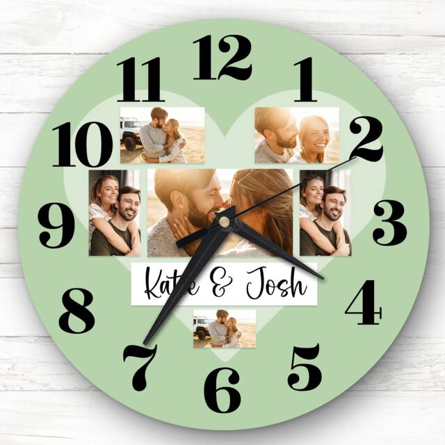 Couple Love Heart Photos Green Romantic Personalised Gift Clock - image 1