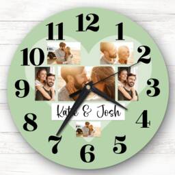 Couple Love Heart Photos Green Romantic Personalised Gift Clock