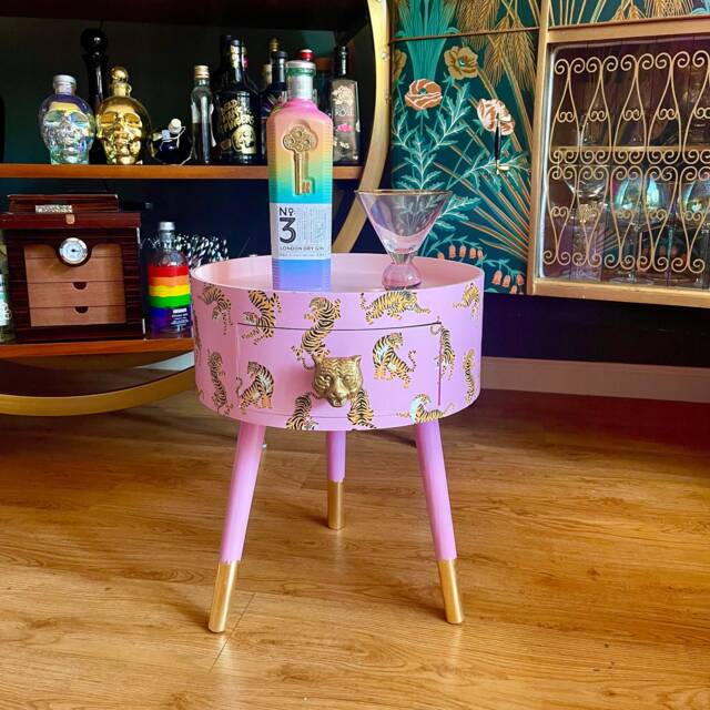 Light Pink Magenta Tiger Round Bedside Table . Fun Bright Home Decor Ideal For Nightstand Or Side Table. Comes With Inbuilt Drawer - image 1