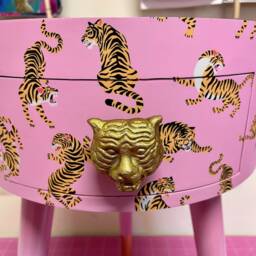 Light Pink Magenta Tiger Round Bedside Table . Fun Bright Home Decor Ideal For Nightstand Or Side Table. Comes With Inbuilt Drawer - thumbnail 3