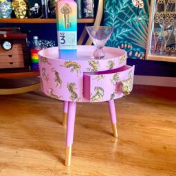 Light Pink Magenta Tiger Round Bedside Table . Fun Bright Home Decor Ideal For Nightstand Or Side Table. Comes With Inbuilt Drawer - thumbnail 2