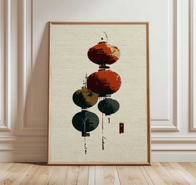 Japanese Lanterns Art Print, Minimalist Asian Wall Art, Rustic Red & Black Lantern Poster, Wabi Sabi Style, Cultural Home Decor - image 1