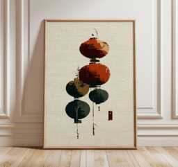 Japanese Lanterns Art Print, Minimalist Asian Wall Art, Rustic Red & Black Lantern Poster, Wabi Sabi Style, Cultural Home Decor - thumbnail 1