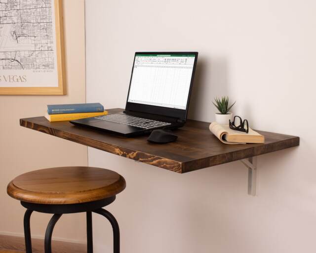 Solid Wood Floating Desk, Wall Mounted Hanging Laptop Study Table, Work From Home, Fold Down Murphy Desk - image 1