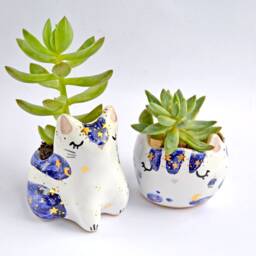 Cat Planter, Animal Ceramic Cat, Lover Gift, Moon Phases, Birthday Housewarming Gift For Friend - thumbnail 4