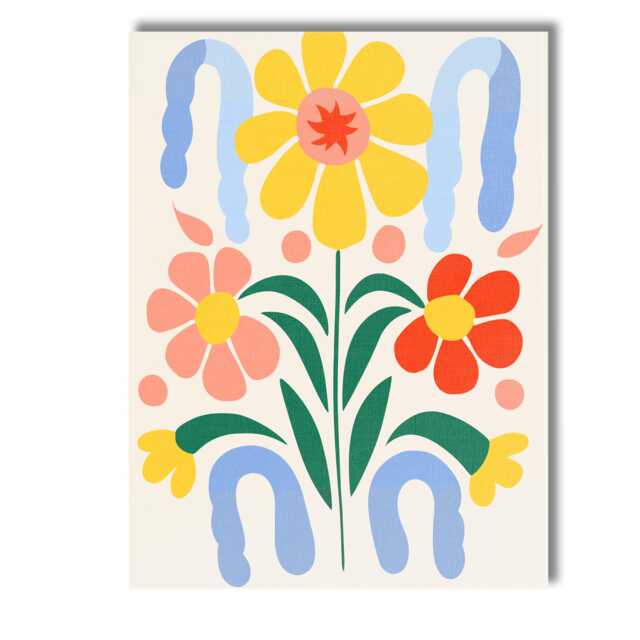 Nordic Floral Motif With Yellow Daisy & Decorative Blue Arches Canvas Wall Art Print Decor Picture Ready To Hang - image 1