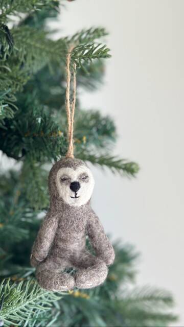 Felt Yoga Sloth Christmas Ornament, Needle Felted Biodegradable Ornaments, Tree Hanging Decoration, Fair Trade Ornament - image 1