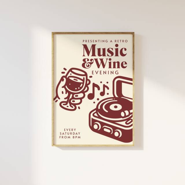 Retro Music & Wine Evening Print - Illustration Poster, Kitchen Art Dining Room, Fun Art, Club, Trendy 90S Aesthetic - image 1