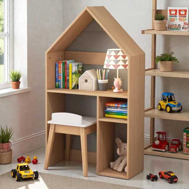 2-In-1 Kids Wooden Table & Chair Set House Desk With Storage & Blackboard - image 1