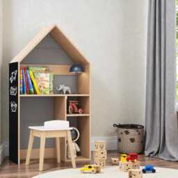 2-In-1 Kids Wooden Table & Chair Set House Desk With Storage & Blackboard - thumbnail 2