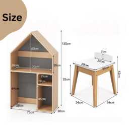 2-In-1 Kids Wooden Table & Chair Set House Desk With Storage & Blackboard - thumbnail 4