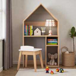 2-In-1 Kids Wooden Table & Chair Set House Desk With Storage & Blackboard - thumbnail 3