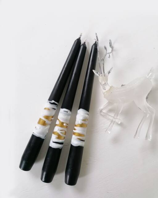 Decorated Black Dinner Candles With Gold & White, Wedding Table Decoration, Taper - image 1