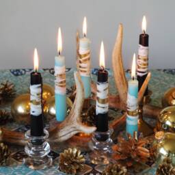 Decorated Black Dinner Candles With Gold & White, Wedding Table Decoration, Taper - thumbnail 3